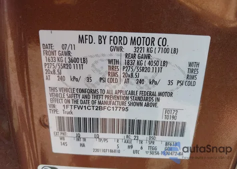 2011 Ford F-150 Lariat z USA, uszkodzony, nr VIN 1FTFW1CT2BFC17795